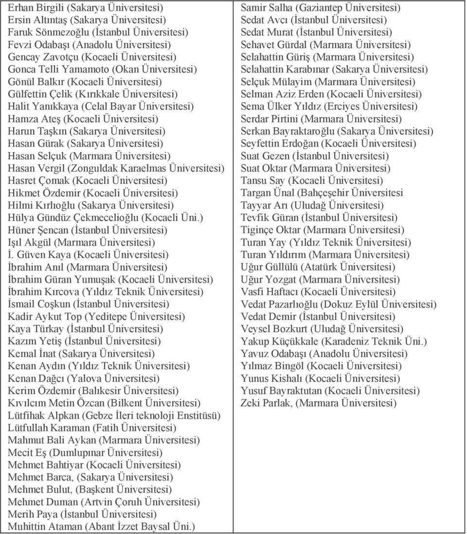 Taşkın (Sakarya Üniversitesi) Hasan Gürak (Sakarya Üniversitesi) Hasan Selçuk (Marmara Üniversitesi) Hasan Vergil (Zonguldak Karaelmas Üniversitesi) Hasret Çomak (Kocaeli Üniversitesi) Hikmet Özdemir