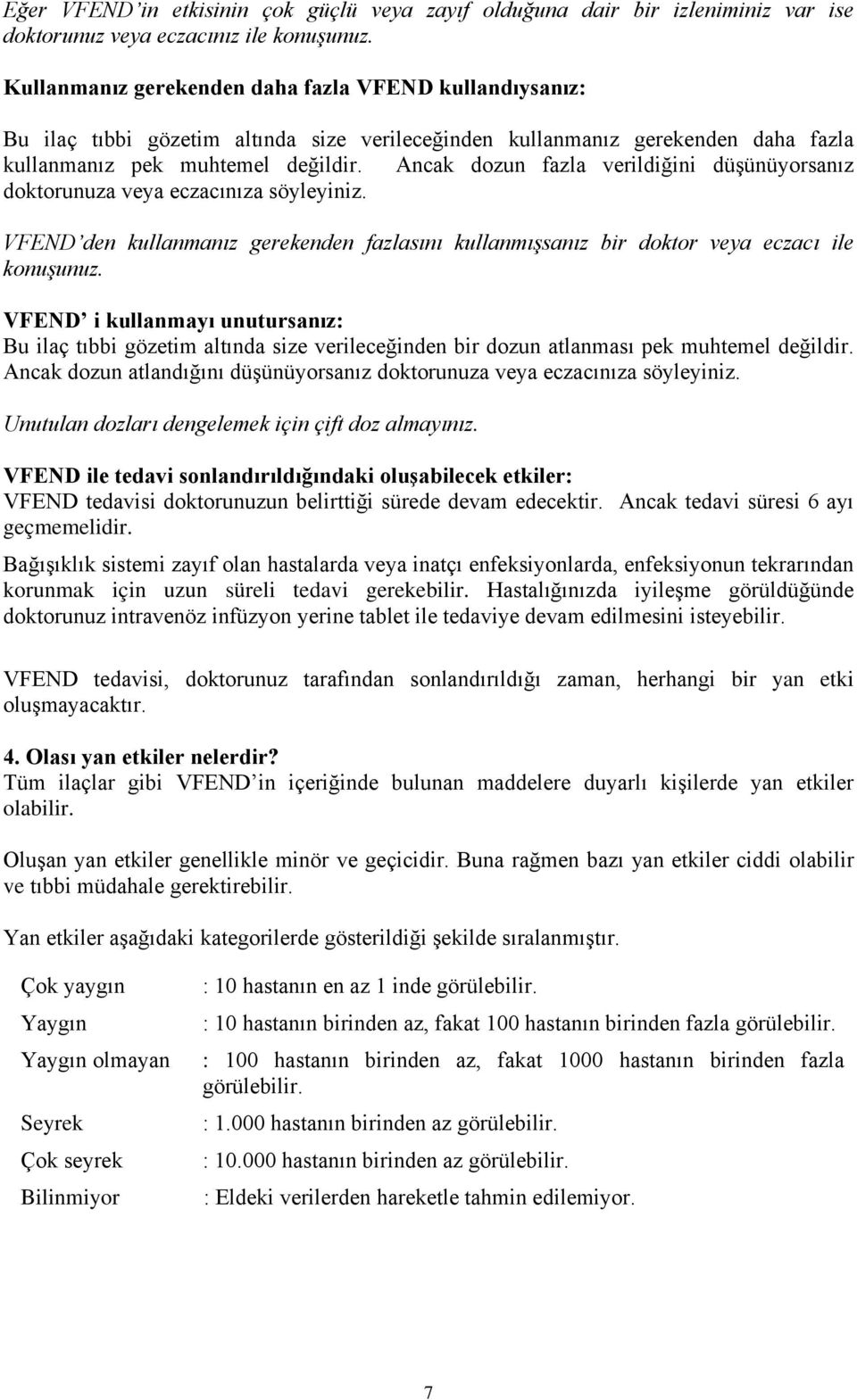 Ancak dozun fazla verildiğini düşünüyorsanız doktorunuza veya eczacınıza söyleyiniz. VFEND den kullanmanız gerekenden fazlasını kullanmışsanız bir doktor veya eczacı ile konuşunuz.