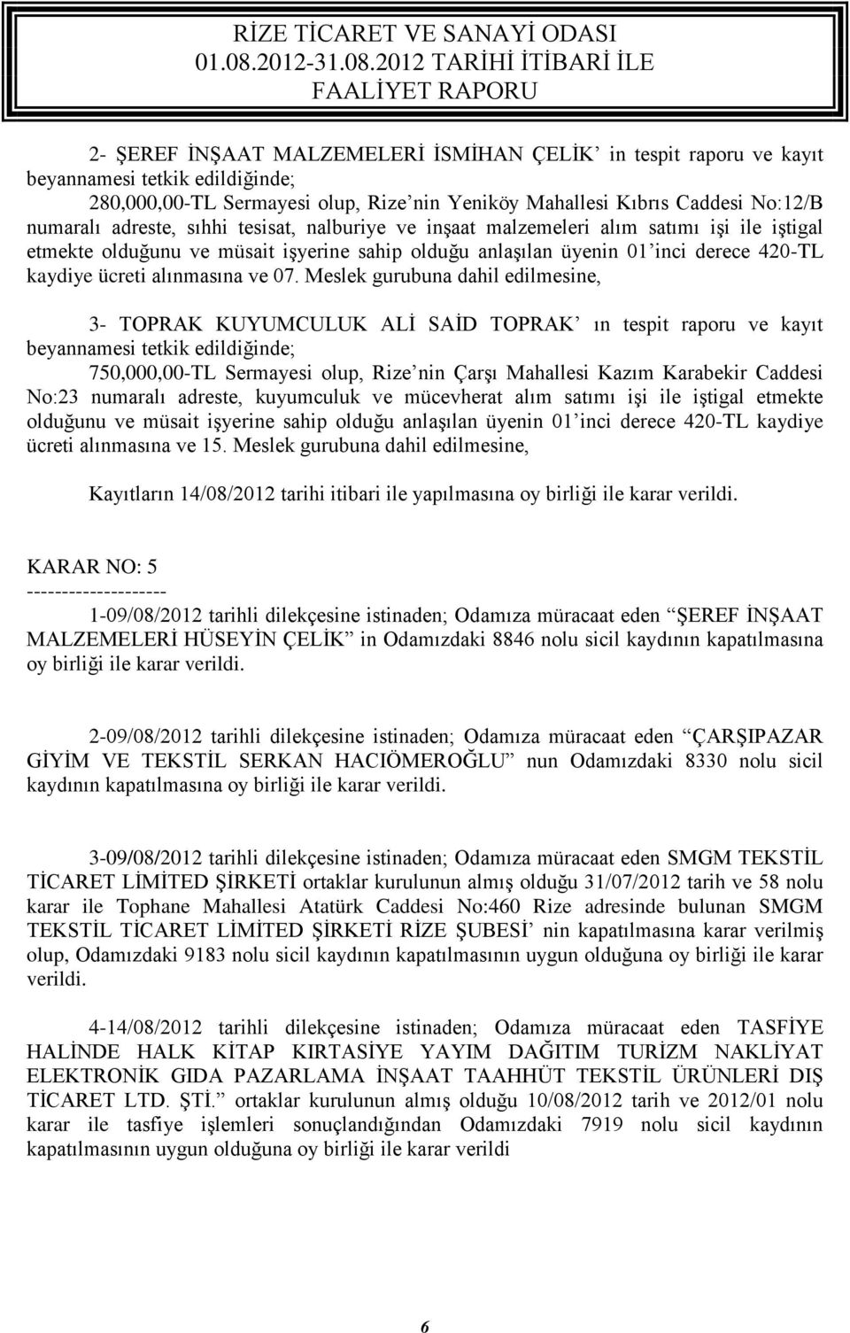 Meslek gurubuna dahil edilmesine, 3- TOPRAK KUYUMCULUK ALİ SAİD TOPRAK ın tespit raporu ve kayıt beyannamesi tetkik edildiğinde; 750,000,00-TL Sermayesi olup, Rize nin Çarşı Mahallesi Kazım Karabekir