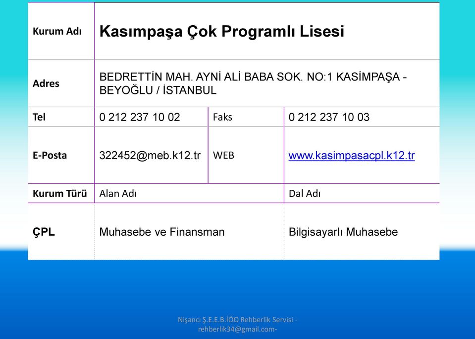 NO:1 KASİMPAŞA - BEYOĞLU / İSTANBUL Tel 0 212 237 10 02 Faks