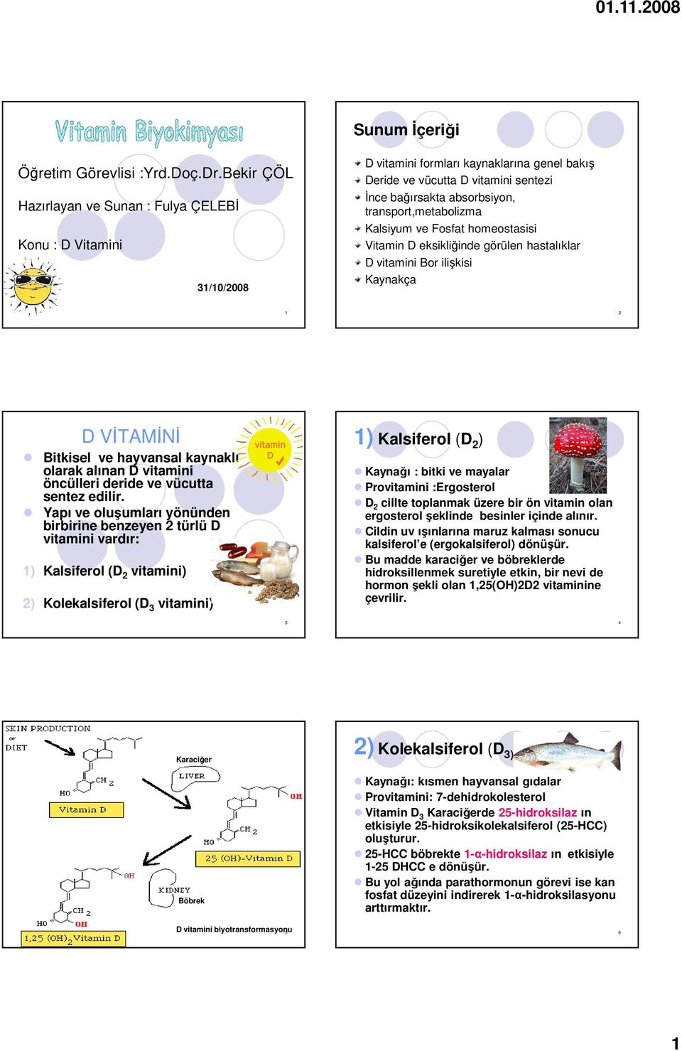 transport,metabolizma Kalsiyum ve Fosfat homeostasisi Vitamin D eksikliğinde görülen hastalıklar D vitamini Bor ilişkisi Kaynakça 1 2 D VİTAMİNİ Bitkisel ve hayvansal kaynaklı olarak alınan D