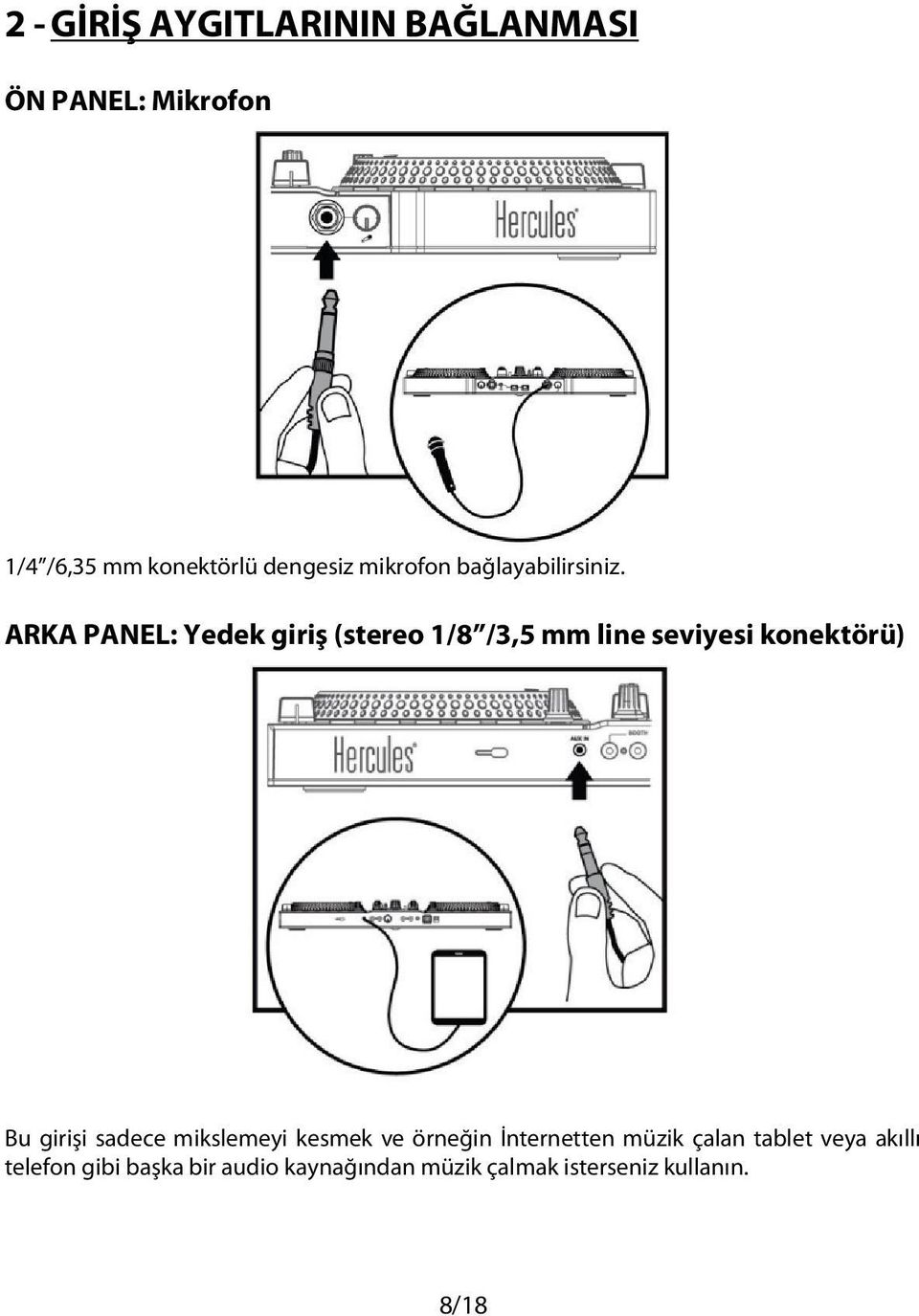 ARKA PANEL: Yedek giriş (stereo 1/8 /3,5 mm line seviyesi konektörü) Bu girişi sadece