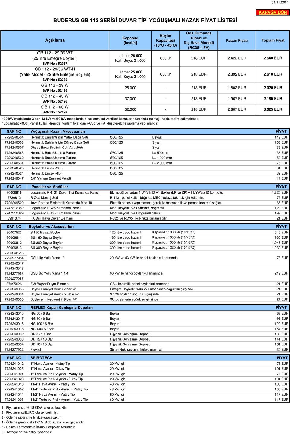 emniyet ventilleri kazanların üzerinde montajlı halde teslim edilmektedir. * Logamatic 4000 Panel kullanıldığında, toplam fiyat dan RC35 ve FA düşülerek hesaplama yapılmalıdır.