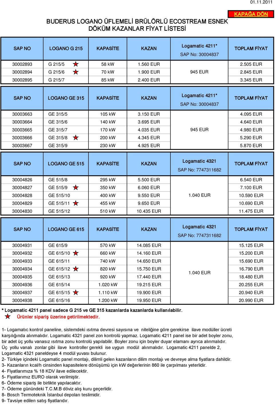 345 EUR SAP NO LOGANO GE 315 KAPASİTE KAZAN Logamatic 4211* SAP No: 30004837 TOPLAM 30003663 GE 315/5 105 kw 3.150 EUR 4.095 EUR 30003664 GE 315/6 140 kw 3.695 EUR 4.