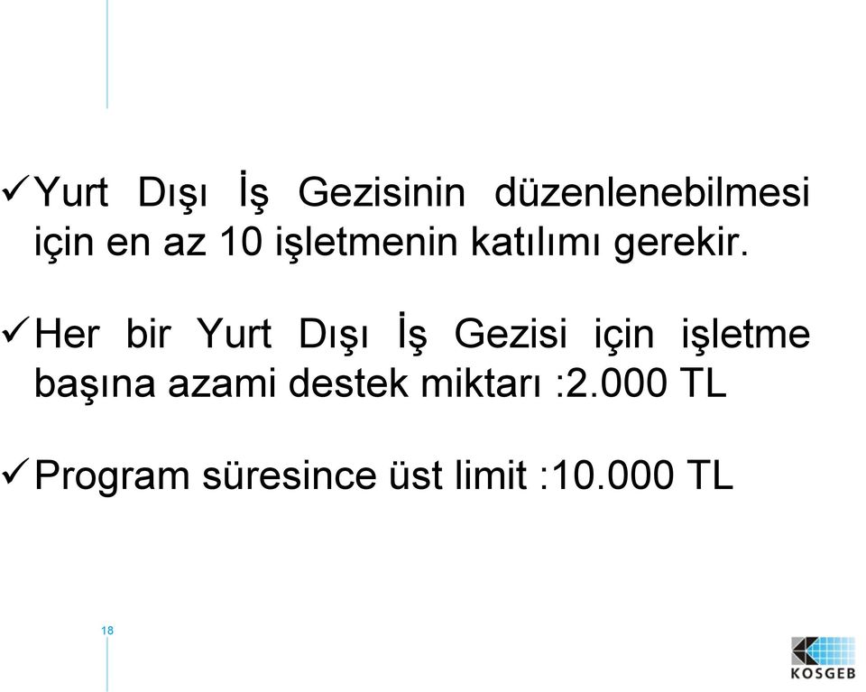 Her bir Yurt Dışı İş Gezisi için işletme başına