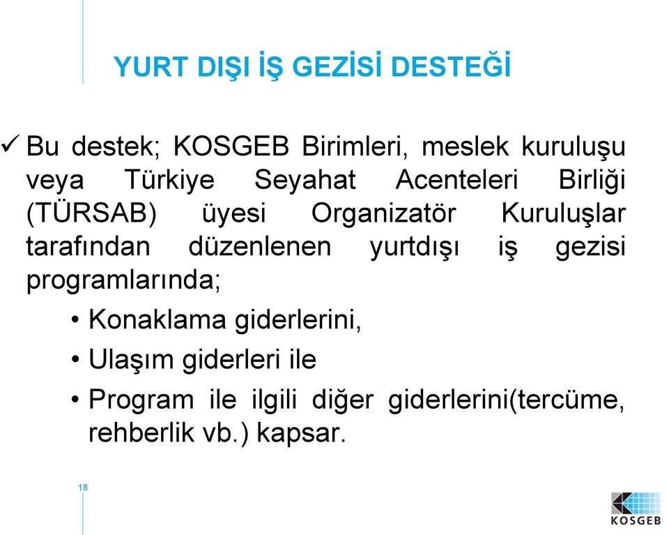 tarafından düzenlenen yurtdışı iş gezisi programlarında; Konaklama giderlerini,