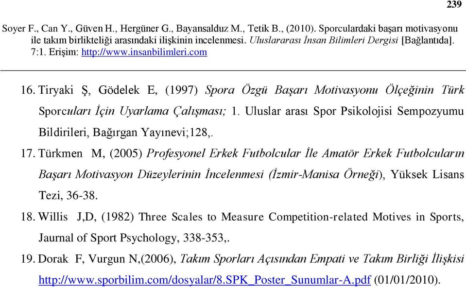 Türkmen M, (2005) Profesyonel Erkek Futbolcular İle Amatör Erkek Futbolcuların Başarı Motivasyon Düzeylerinin İncelenmesi (İzmir-Manisa Örneği), Yüksek Lisans Tezi,