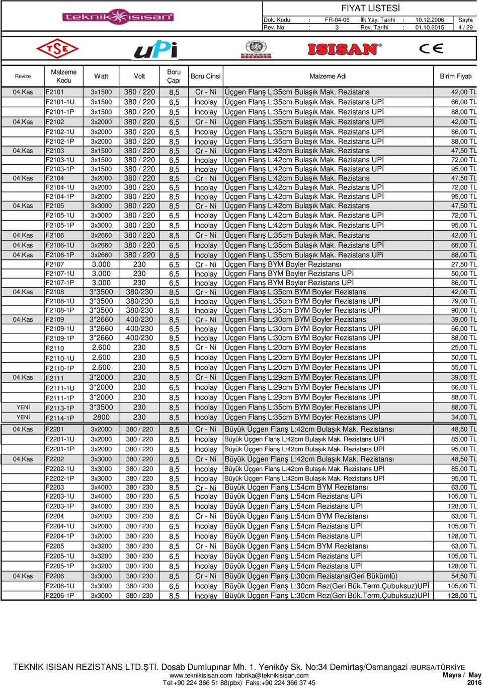 2015 4 / 29 Cinsi F2101 F21011U F21011P F2102 F21021U F21021P F2103 F21031U F21031P F2104 F21041U F21041P F2105 F21051U F21051P F2106 F21061U F21061P F2107 F21071U F21071P F2108 F21081U F21081P F2109