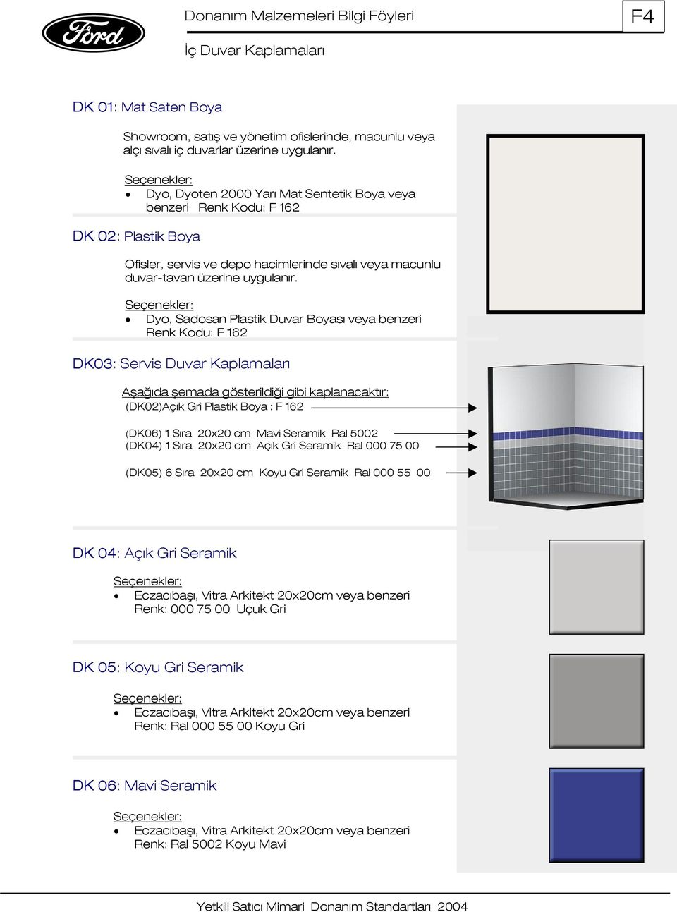 Dyo, Sadosan Plastik Duvar Boyası veya benzeri Renk Kodu: F 162 DK03: Servis Duvar Kaplamaları Aşağıda şemada gösterildiği gibi kaplanacaktır: (DK02)Açık Gri Plastik Boya : F 162 (DK06) 1 Sıra 20x20