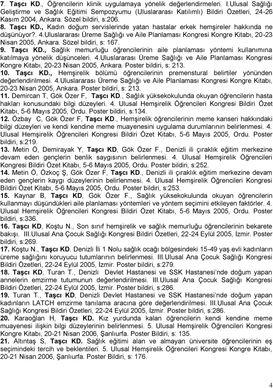 Uluslararası Üreme Sağlığı ve Aile Planlaması Kongresi Kongre Kitabı, 20-23 Nisan 2005, Ankara. Sözel bildiri, s: 167. 9. Taşcı KD.