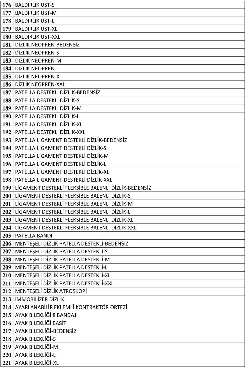 192 PATELLA DESTEKLİ DİZLİK-XXL 193 PATELLA LİGAMENT DESTEKLİ DİZLİK-BEDENSİZ 194 PATELLA LİGAMENT DESTEKLİ DİZLİK-S 195 PATELLA LİGAMENT DESTEKLİ DİZLİK-M 196 PATELLA LİGAMENT DESTEKLİ DİZLİK-L 197