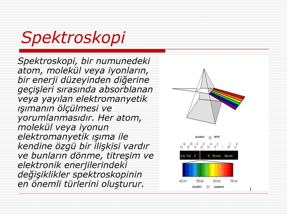 Her atom, molekül veya iyonun elektromanyetik ıģıma ile kendine özgü bir iliģkisi vardır ve bunların