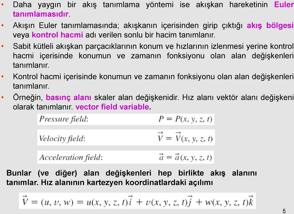 Sabit kütleli akışkan parçacıklarının konum ve hızlarının izlenmesi yerine kontrol hacmi içerisinde konumun ve zamanın fonksiyonu olan alan değişkenleri tanımlanır.