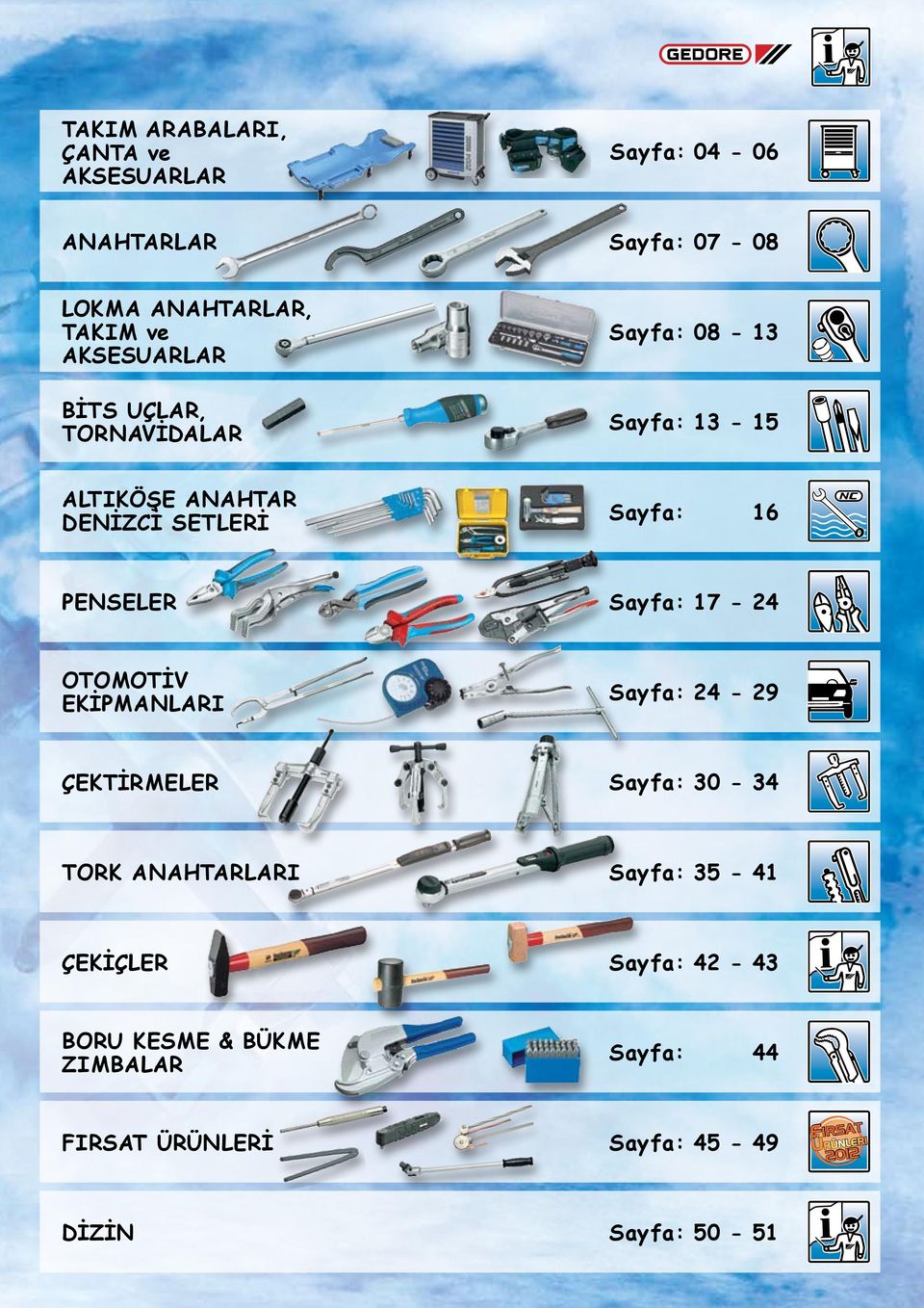 Sayfa: 17-24 OTOMOTİV EKİPMANLARI Sayfa: 24-29 ÇEKTİRMELER Sayfa: 3-34 TORK ANAHTARLARI Sayfa: 35-41 ÇEKİÇLER