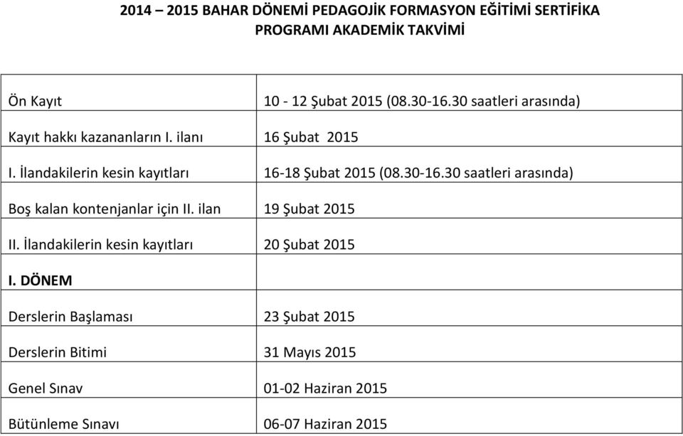 30-16.30 saatleri arasında) Boş kalan kontenjanlar için II. ilan 19 Şubat 2015 II. İlandakilerin kesin kayıtları 20 Şubat 2015 I.