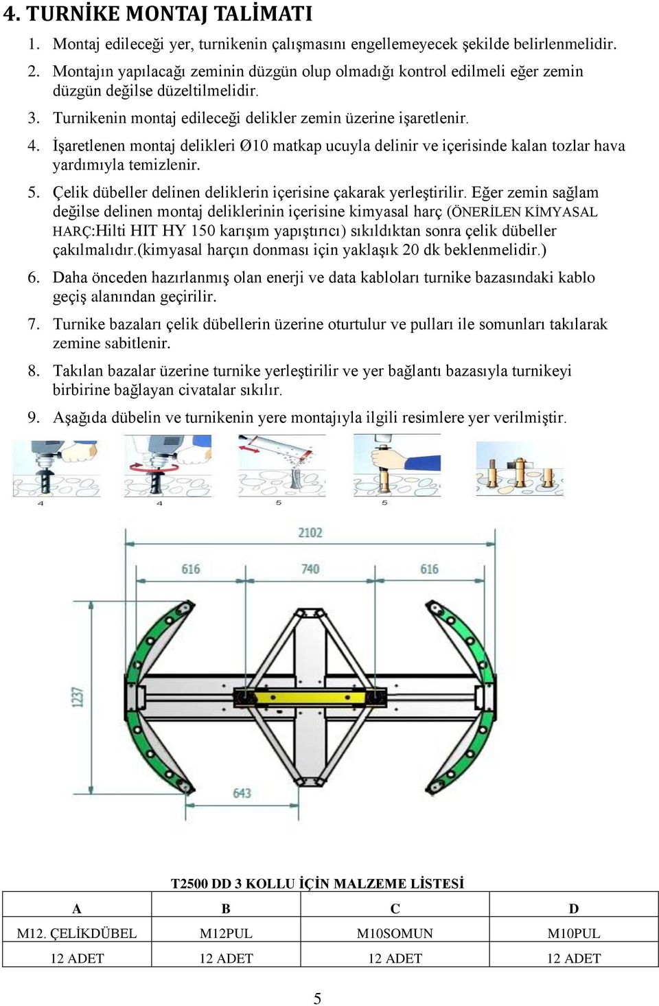 İşaretlenen montaj delikleri Ø10 matkap ucuyla delinir ve içerisinde kalan tozlar hava yardımıyla temizlenir. 5. Çelik dübeller delinen deliklerin içerisine çakarak yerleştirilir.