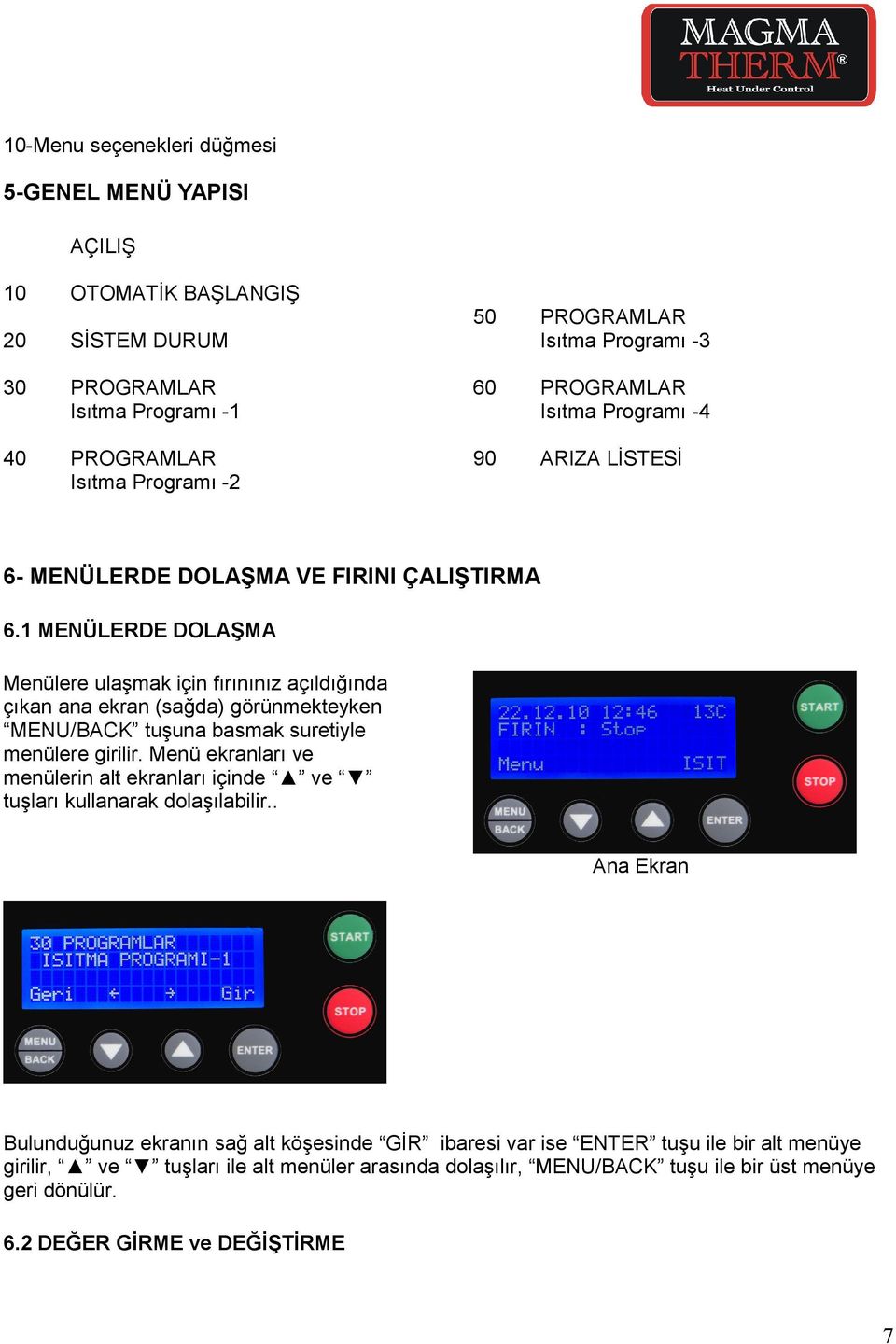 1 MENÜLERDE DOLAŞMA Menülere ulaşmak için fırınınız açıldığında çıkan ana ekran (sağda) görünmekteyken MENU/BACK tuşuna basmak suretiyle menülere girilir.