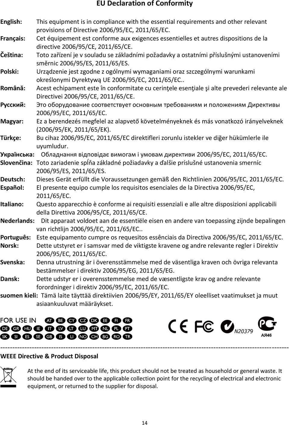 Čeština: Toto zařízení je v souladu se základními požadavky a ostatními příslušnými ustanoveními směrnic 2006/95/ES, 2011/65/ES.