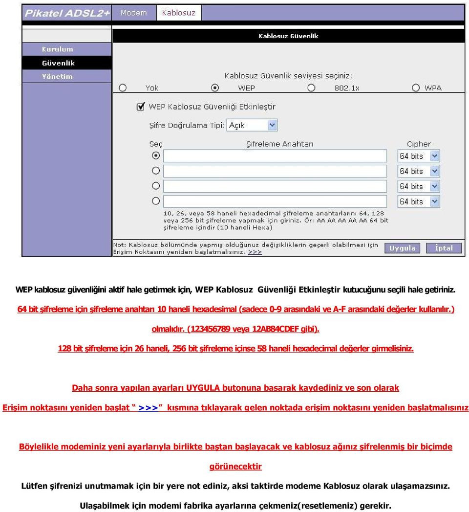 128 bit şifreleme için 26 haneli, 256 bit şifreleme içinse 58 haneli hexadecimal değerler girmelisiniz.