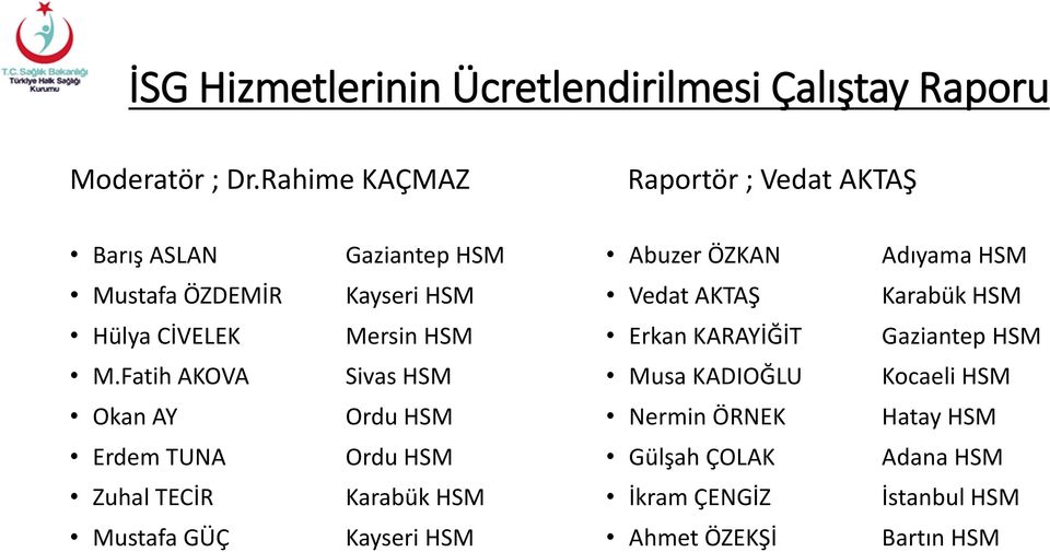 AKTAŞ Karabük HSM Hülya CİVELEK Mersin HSM Erkan KARAYİĞİT Gaziantep HSM M.