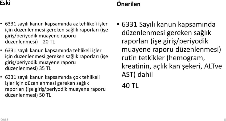 çok tehlikeli işler için düzenlenmesi gereken sağlık raporları (işe giriş/periyodik muayene raporu düzenlenmesi) 50 TL 6331 Sayılı kanun kapsamında düzenlenmesi