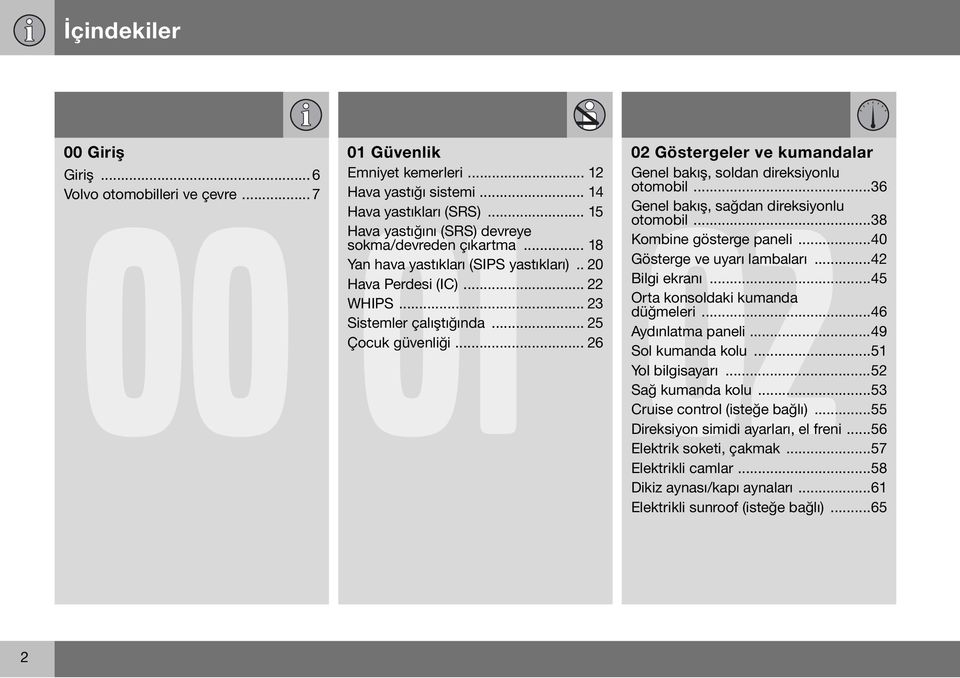 .. 26 02 Göstergeler ve kumandalar Genel bakış, soldan direksiyonlu otomobil...36 Genel bakış, sağdan direksiyonlu otomobil...38 Kombine gösterge paneli...40 Gösterge ve uyarı lambaları.