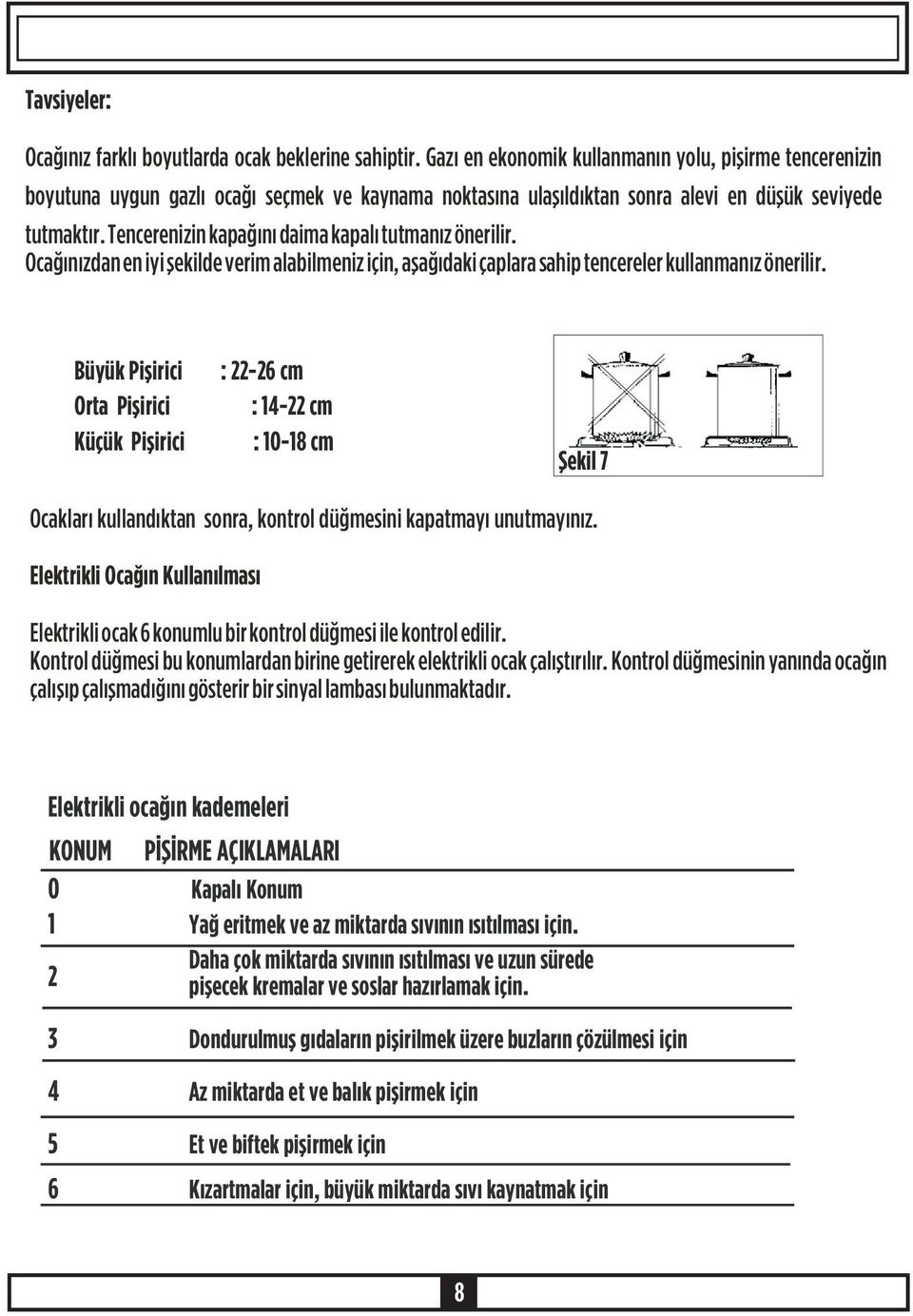 Tencerenizin kapaðýný daima kapalý tutmanýz önerilir. Ocaðýnýzdan en iyi þekilde verim alabilmeniz için, aþaðýdaki çaplara sahip tencereler kullanmanýz önerilir.