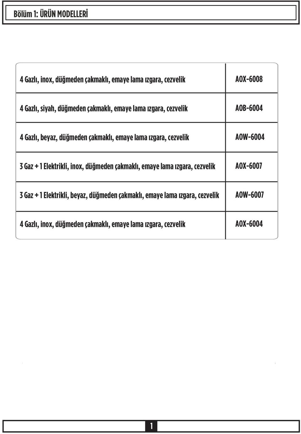 3 Gaz + 1 Elektrikli, inox, düðmeden çakmaklý, emaye lama ýzgara, cezvelik AOX-6007 3 Gaz + 1 Elektrikli, beyaz,