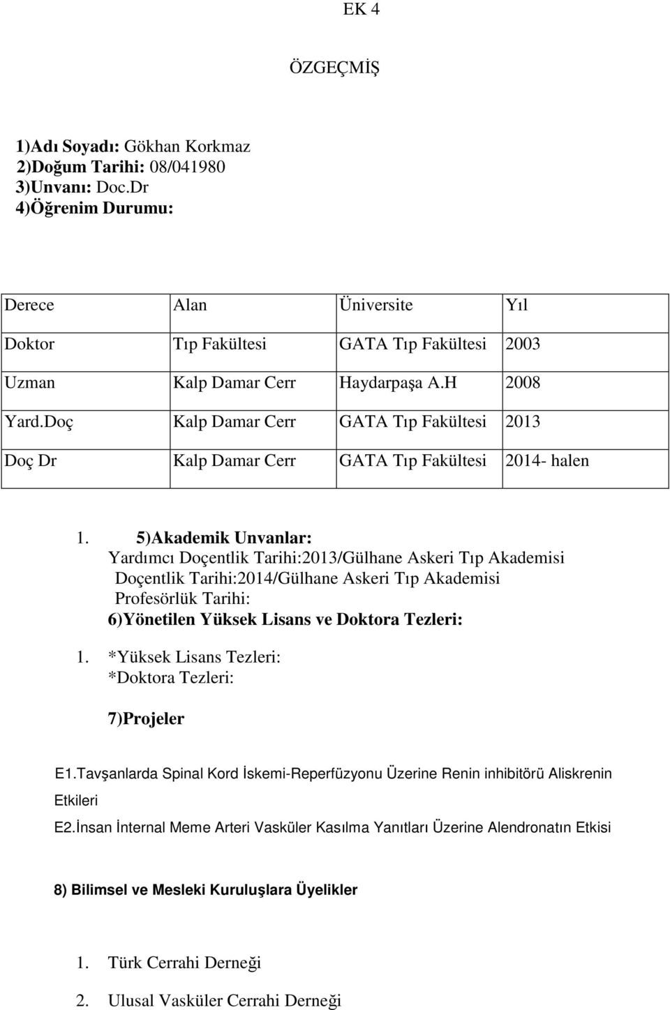 Doç Kalp Damar Cerr GATA Tıp Fakültesi 2013 Doç Dr Kalp Damar Cerr GATA Tıp Fakültesi 2014- halen 1.