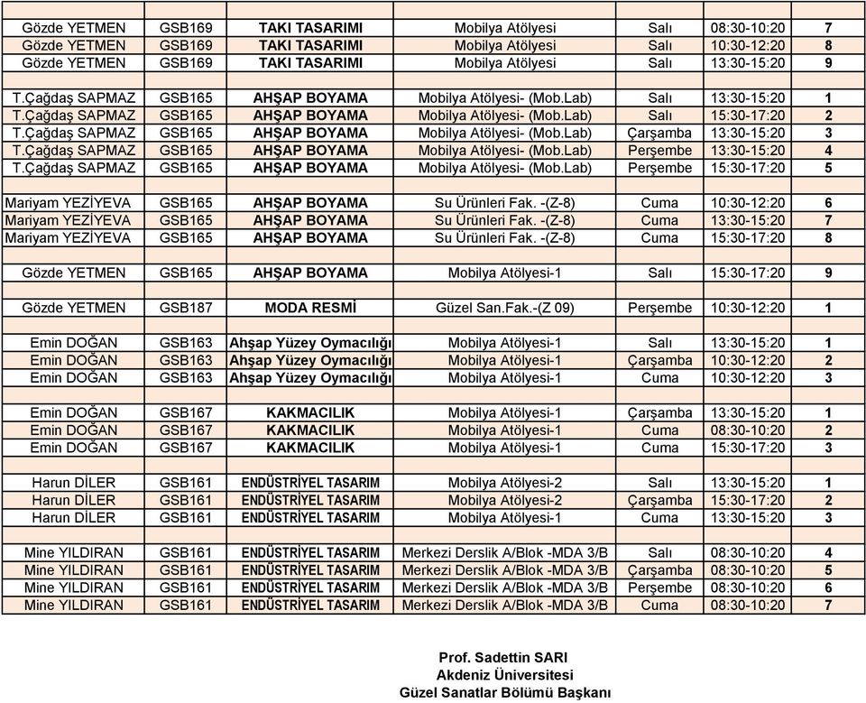 Çağdaş SAPMAZ GSB165 AHŞAP BOYAMA Mobilya Atölyesi- (Mob.Lab) Çarşamba 13:30-15:20 3 T.Çağdaş SAPMAZ GSB165 AHŞAP BOYAMA Mobilya Atölyesi- (Mob.Lab) Perşembe 13:30-15:20 4 T.