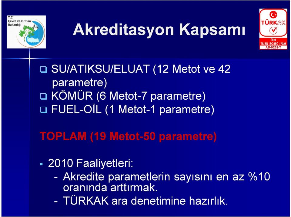 (19 Metot-50 parametre) 2010 Faaliyetleri: - Akredite parametlerin