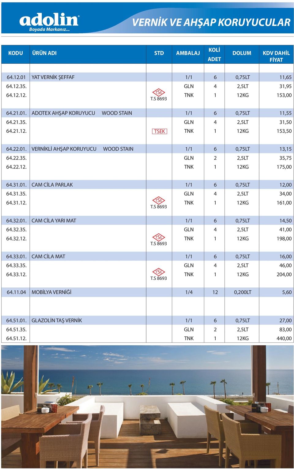 31.35. GLN 4 2,5LT 34,00 64.31.12. TNK 1 12KG 161,00 T.S 8693 64.32.01. CAM CİLA YARI MAT 1/1 6 0,75LT 14,50 64.32.35. GLN 4 2,5LT 41,00 64.32.12. TNK 1 12KG 198,00 T.S 8693 64.33.01. CAM CİLA MAT 1/1 6 0,75LT 16,00 64.