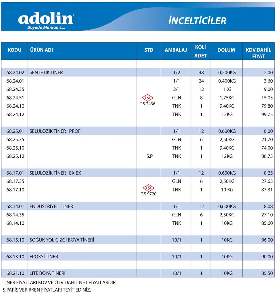 17.10 TNK 1 10 KG 87,31 T.S 9720 68.14.01 ENDÜSTRİYEL TİNER 1/1 12 0,600KG 8,08 68.14.35 GLN 6 2,50KG 27,10 68.14.10 TNK 1 10KG 85,60 68.15.10 SOĞUK YOL ÇİZGİ BOYA TİNERİ 10/1 1 10KG 96,00 68.