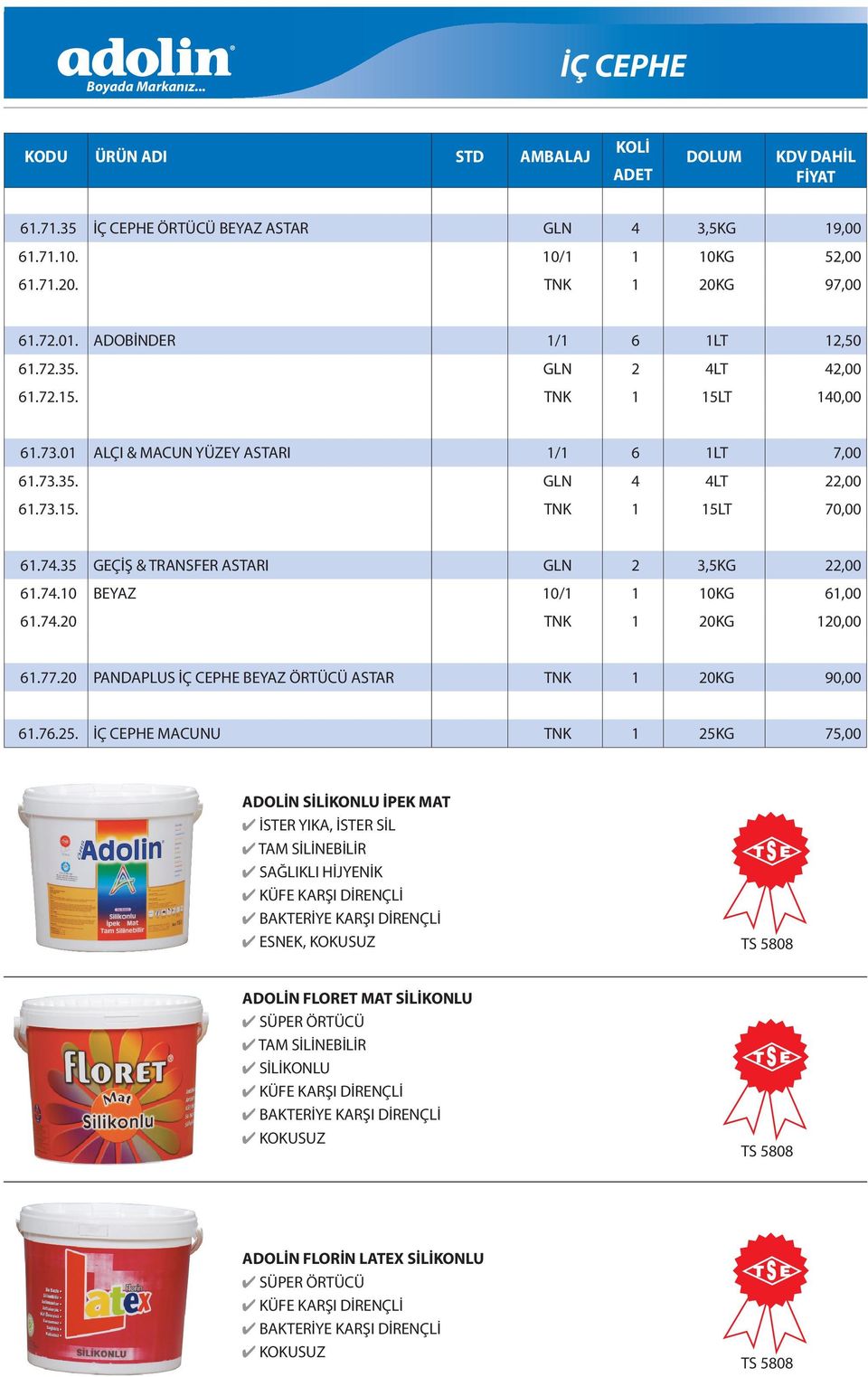 74.20 TNK 1 20KG 120,00 61.77.20 PANDAPLUS İÇ CEPHE BEYAZ ÖRTÜCÜ ASTAR TNK 1 20KG 90,00 61.76.25.