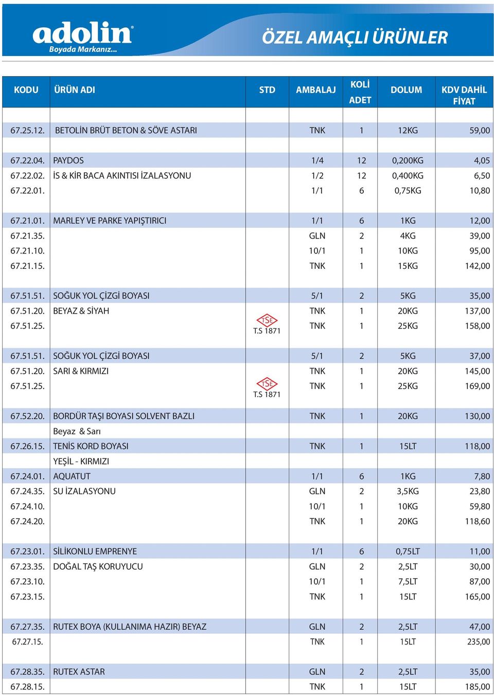 51. SOĞUK YOL ÇİZGİ BOYASI 5/1 2 5KG 35,00 67.51.20. BEYAZ & SİYAH TNK 1 20KG 137,00 67.51.25. TNK 1 25KG 158,00 T.S 1871 67.51.51. SOĞUK YOL ÇİZGİ BOYASI 5/1 2 5KG 37,00 67.51.20. SARI & KIRMIZI TNK 1 20KG 145,00 67.