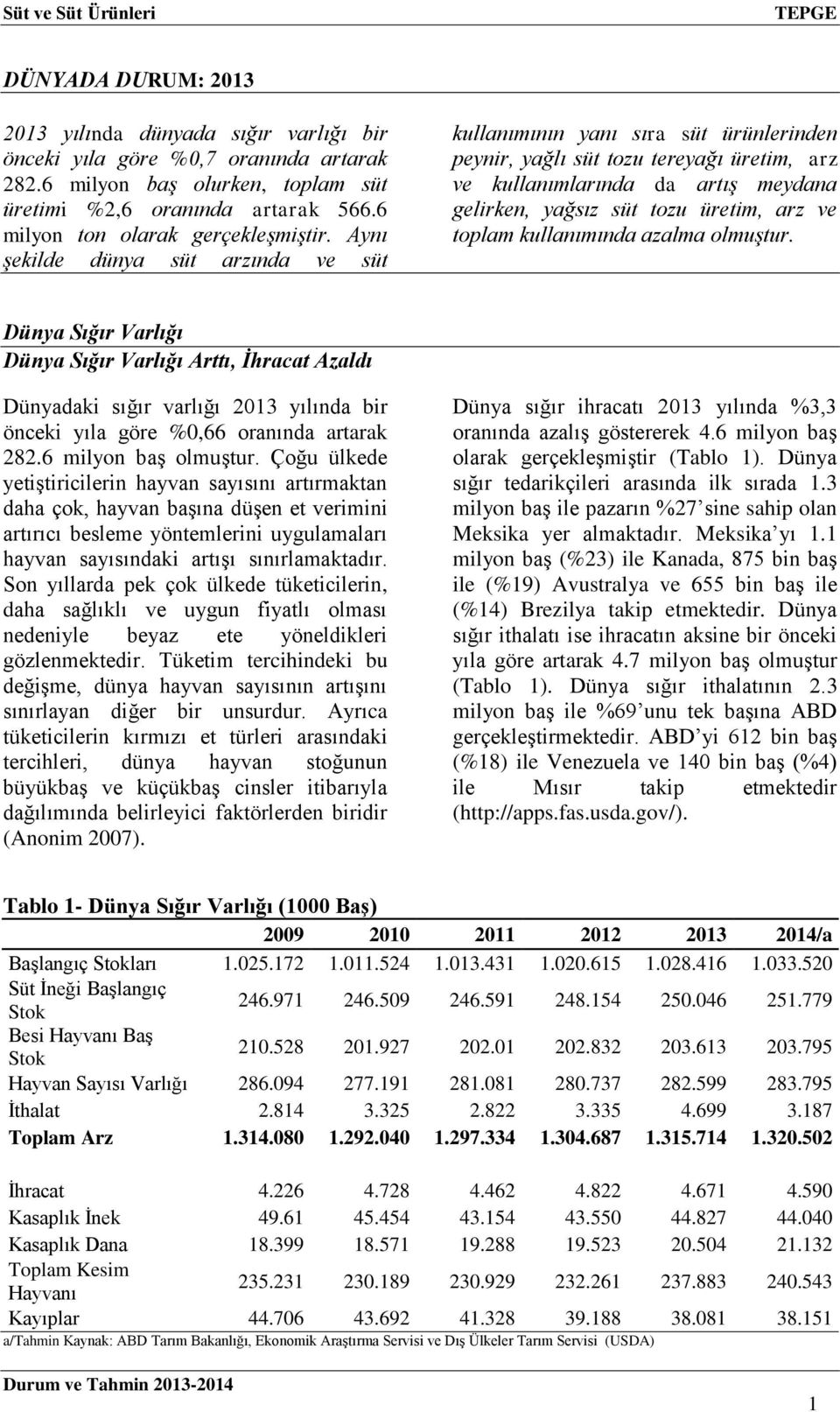 Aynı şekilde dünya süt arzında ve süt kullanımının yanı sıra süt ürünlerinden peynir, yağlı süt tozu tereyağı üretim, arz ve kullanımlarında da artış meydana gelirken, yağsız süt tozu üretim, arz ve