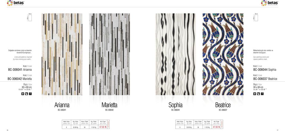 . Eye-catching colors and spaces patterns meet.. BC-306041 Arianna BC-306042 Marietta 30 x 11.8 x 23.