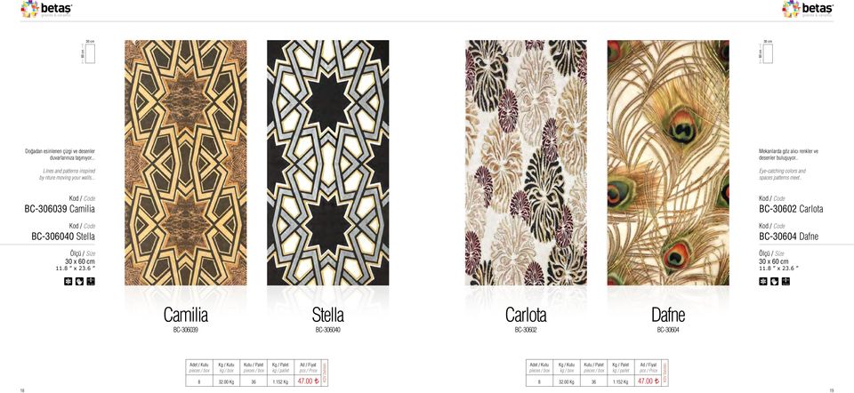 . Eye-catching colors and spaces patterns meet.. BC-306039 Camilia BC-306040 Stella 30 x 11.8 x 23.