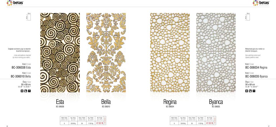 . Eye-catching colors and spaces patterns meet.. BC-306038 Esta BC-306010 Bella 30 x 11.8 x 23.