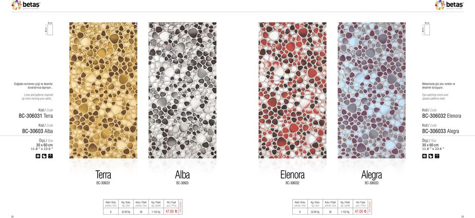 . Eye-catching colors and spaces patterns meet.. BC-306031 Terra BC-30603 Alba 30 x 11.8 x 23.