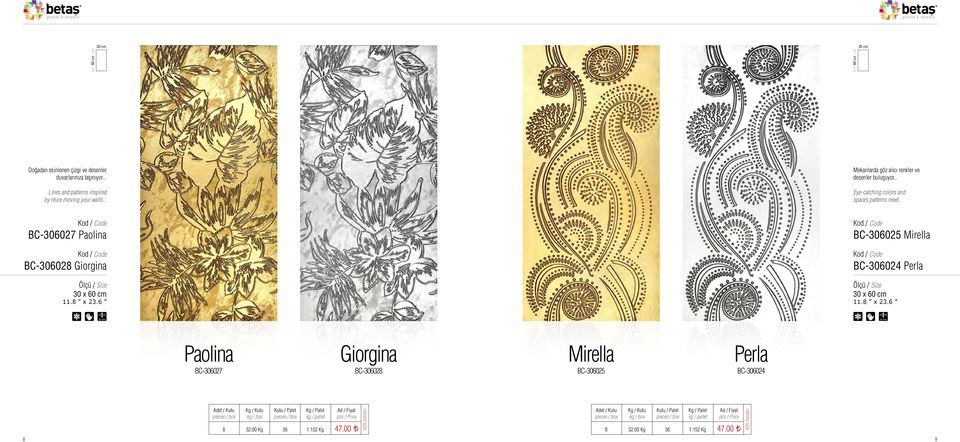 . Eye-catching colors and spaces patterns meet.. BC-306027 Paolina BC-306028 Giorgina 30 x 11.8 x 23.