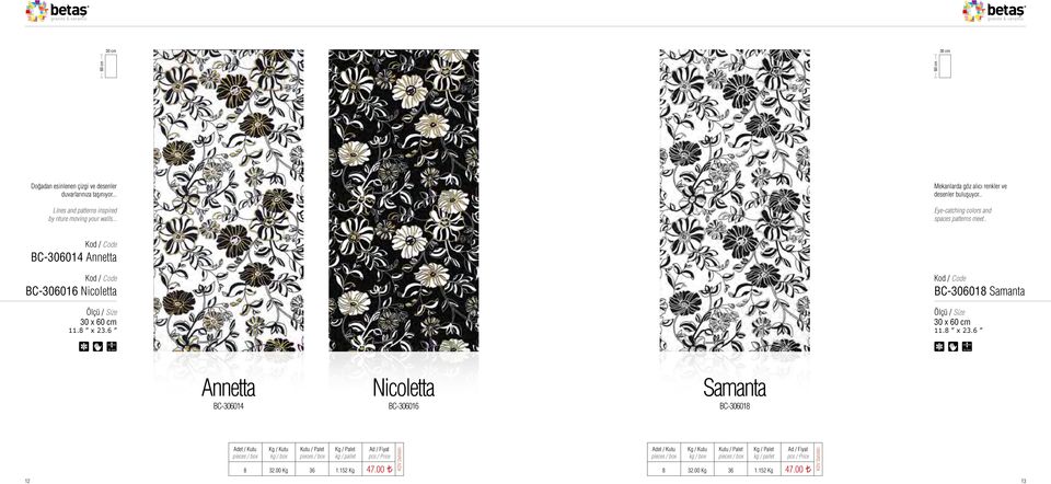 . Eye-catching colors and spaces patterns meet.. BC-306014 Annetta BC-306016 Nicoletta 30 x 11.8 x 23.