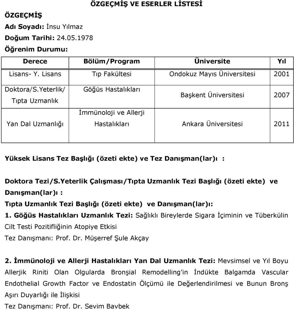 Yeterlik/ Tıpta Uzmanlık Yan Dal Uzmanlığı Göğüs Hastalıkları Başkent Üniversitesi 2007 İmmünoloji ve Allerji Hastalıkları Ankara Üniversitesi 2011 Yüksek Lisans Tez Başlığı (özeti ekte) ve Tez