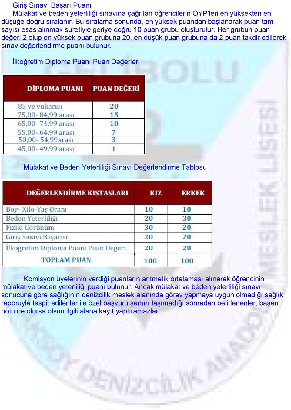 Her grubun puan değeri 2 olup en yüksek puan grubuna 20, en düşük puan grubuna da 2 puan takdir edilerek sınav değerlendirme puanı bulunur.