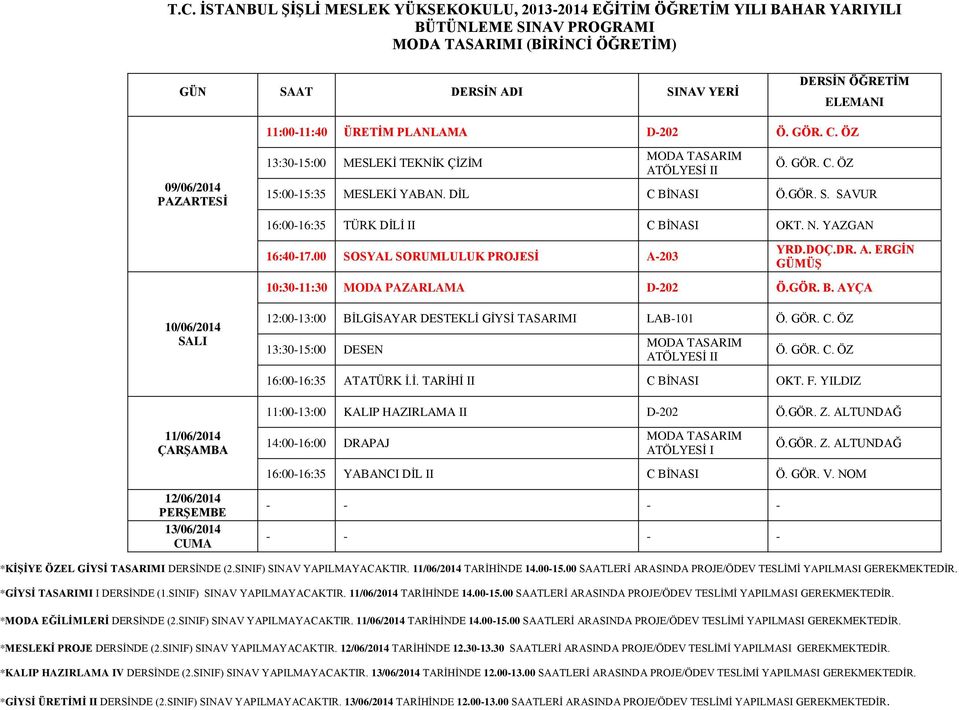 GÖR. C. ÖZ 13:30-15:00 DESEN MODA TASARIM ATÖLYESİ II Ö. GÖR. C. ÖZ 16:00-16:35 ATATÜRK İ.İ. TARİHİ II C BİNASI OKT. F. YILDIZ 11:00-13:00 KALIP HAZIRLAMA II D-202 Ö.GÖR. Z.