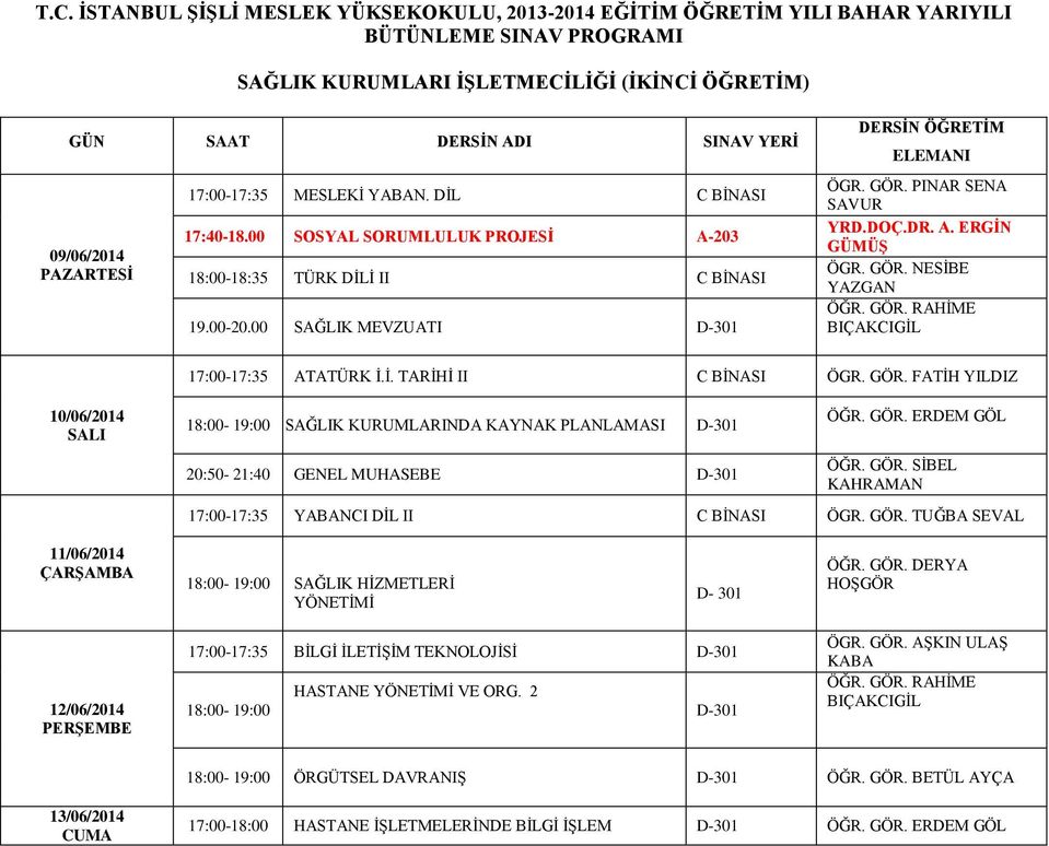 GÖR. ERDEM GÖL ÖĞR. GÖR. SİBEL KAHRAMAN 17:00-17:35 YABANCI DİL II C BİNASI ÖGR. GÖR. TUĞBA SEVAL 18:00-19:00 SAĞLIK HİZMETLERİ YÖNETİMİ D- 301 ÖĞR. GÖR. DERYA HOŞGÖR 17:00-17:35 BİLGİ İLETİŞİM TEKNOLOJİSİ D-301 HASTANE YÖNETİMİ VE ORG.