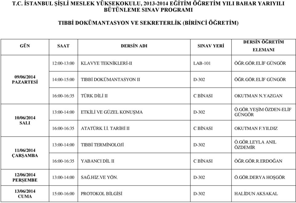 YAZGAN 13:00-14:00 ETKİLİ VE GÜZEL KONUŞMA D-302 Ö.GÖR.YEŞİM ÖZDEN-ELİF GÜNGÖR 16:00-16:35 ATATÜRK İ.İ. TARİHİ II C BİNASI OKUTMAN F.