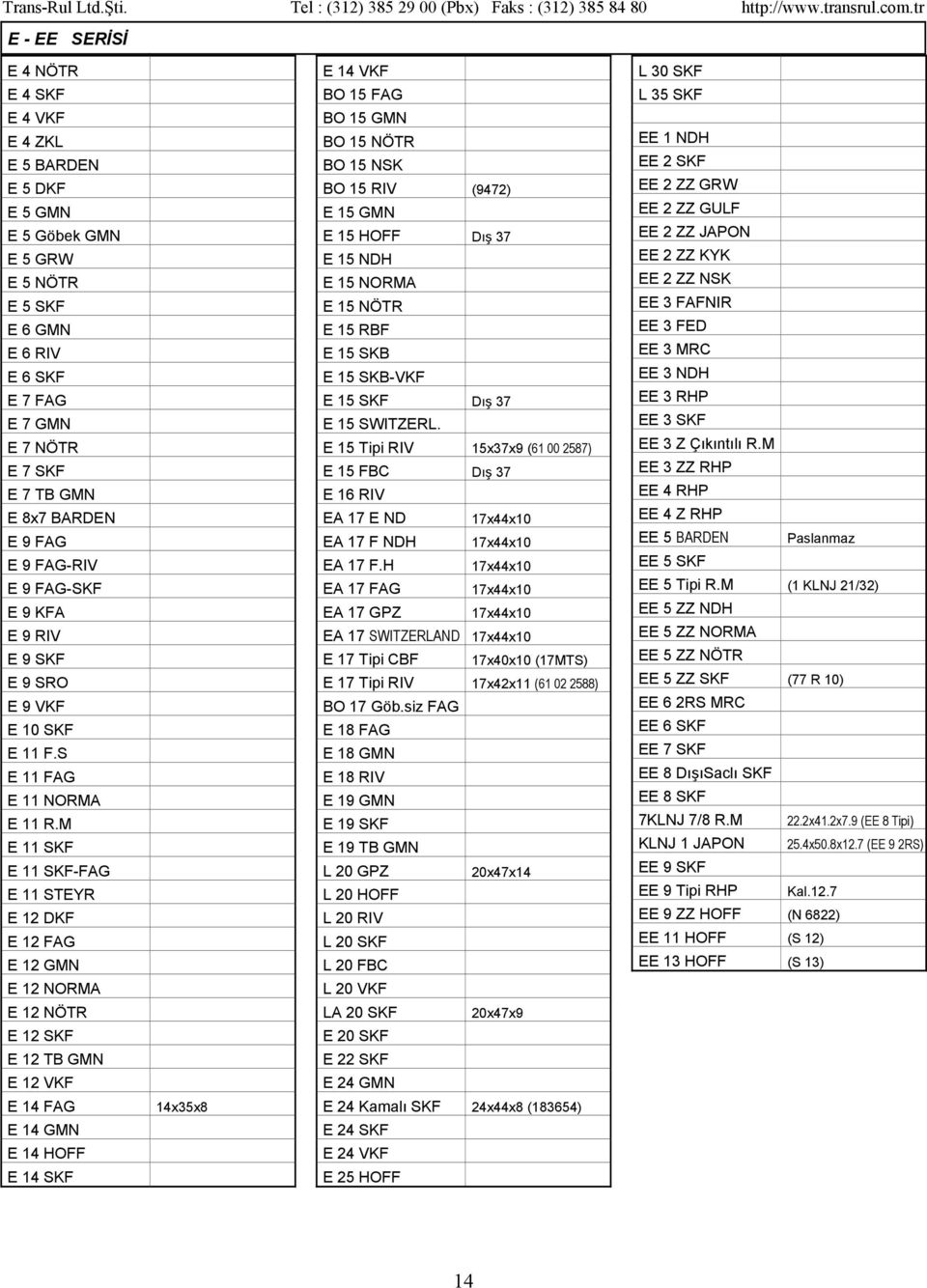 M E 11 SKF E 11 SKF-FAG E 11 STEYR E 12 DKF E 12 FAG E 12 GMN E 12 NORMA E 12 NÖTR E 12 SKF E 12 TB GMN E 12 VKF E 14 FAG E 14 GMN E 14 HOFF E 14 SKF 14x35x8 E 14 VKF BO 15 FAG BO 15 GMN BO 15 NÖTR