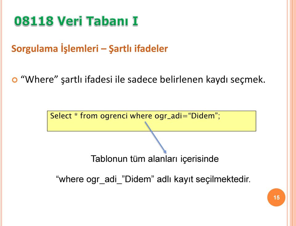 Select * from ogrenci where ogr_adi= Didem ; Tablonun