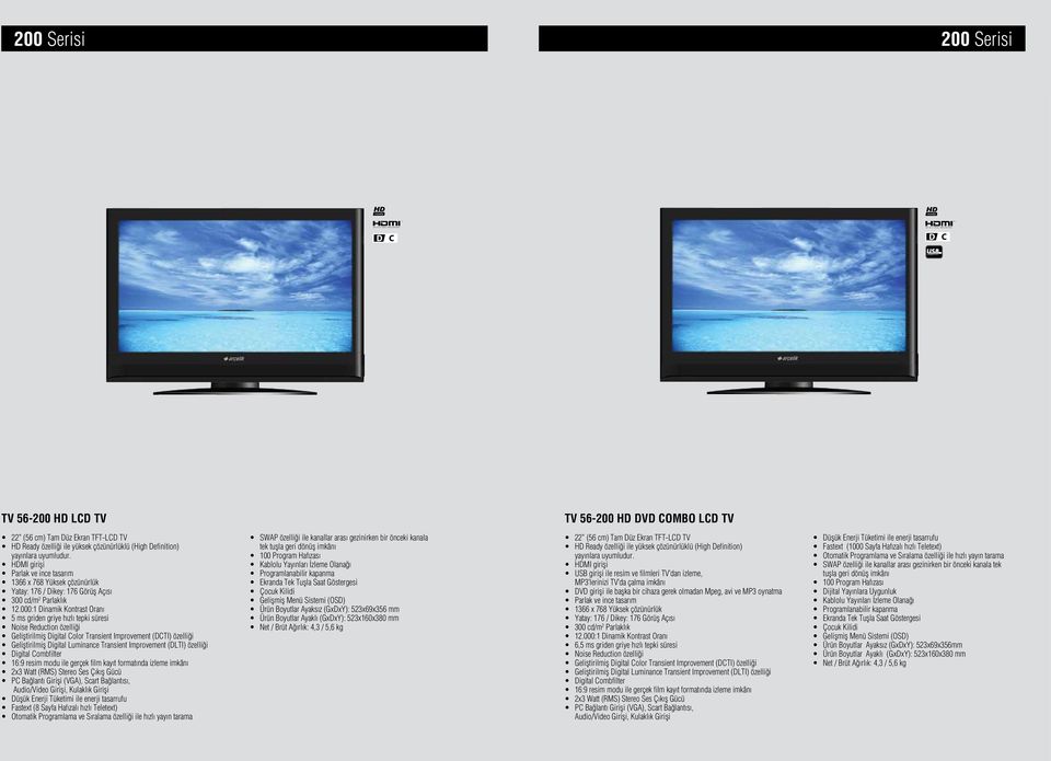 000:1 Dinamik Kontrast Oranı 5 ms griden griye hızlı tepki süresi Geliştirilmiş Digital Color Transient Improvement (DCTI) özelliği 2x3 Watt (RMS) Stereo Ses Çıkış Gücü PC Bağlantı Girişi (VGA),